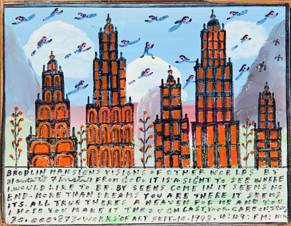 A painting of four black and orange buildings by Howard Finster.