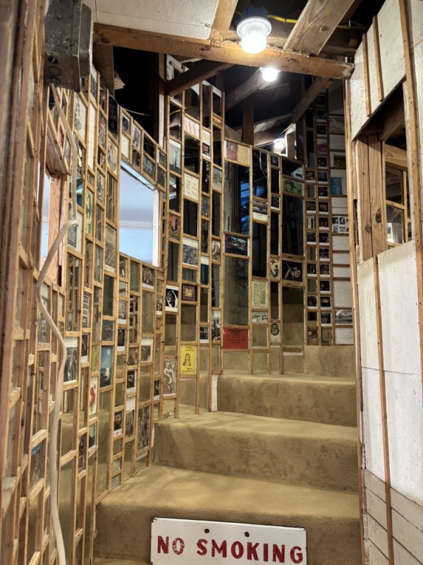 A carpeted staircase with a photo installation.